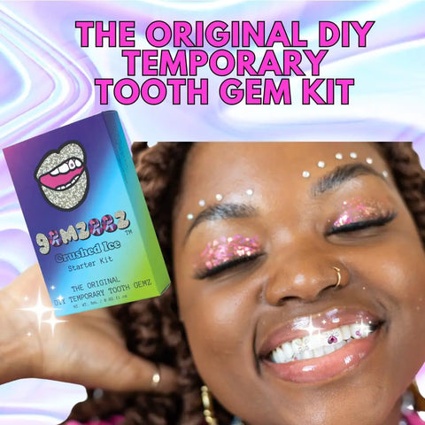 Smiling woman showcasing DIY Tooth Gem Starter Kit For A Sparkling Smile With Temporary Crystal Gems For Easy At Home Application