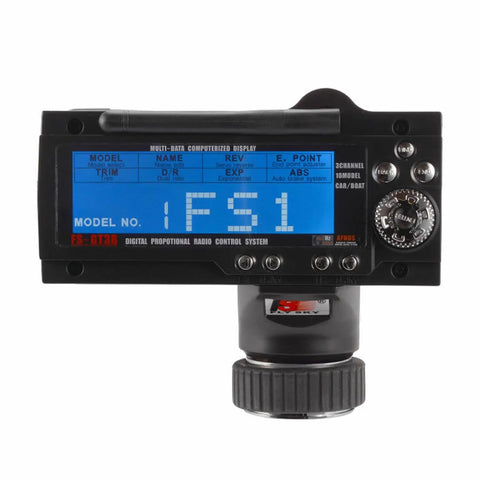Front view of Three Channel Two Four GHz RC Transmitter With FS GR3E Receiver for cars, boats, trucks, and crawlers.