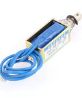 Dope 12V DC Push Pull Solenoid Electromagnet With 5N Force, 15mm Stroke, Compact 10mm Body, 30x15.6x13mm Size, Plunger 5.7x58mm, Ideal Magnetic Actuator For Locks, Latches And Robotic Projects. Blue-wired 12V DC push pull solenoid with metal plunger