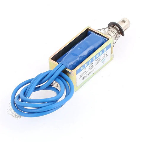 Dope 12V DC Push Pull Solenoid Electromagnet With 5N Force, 15mm Stroke, Compact 10mm Body, 30x15.6x13mm Size, Plunger 5.7x58mm, Ideal Magnetic Actuator For Locks, Latches And Robotic Projects. Blue-wired 12V DC push pull solenoid with metal plunger