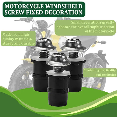 Aluminum M5 Motorcycle Windshield Bolts Kit With Wrench, titanium tone bolts with motorcycle backdrop, enhances aesthetic