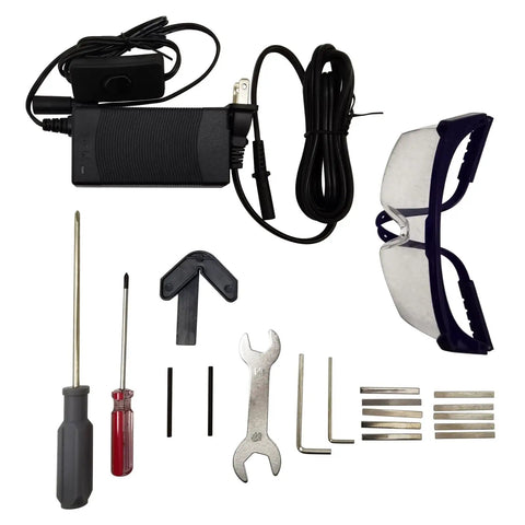 IntXanth All-Metal Mini Wood Lathe Machine Spinning At 20000Rpm For Precision Hobbyist Carving tools and accessories, including safety glasses and power adapter.