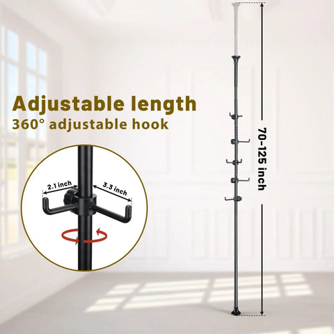 Freestanding Coat Rack With 56-125 Inch Adjustable Tension Rod 12 Hook Coat Tree Stand For Hallway Entryway Living Room Bedroom Kitchen Office No Drill Setup Black showing telescoping mechanism and hook detail.
