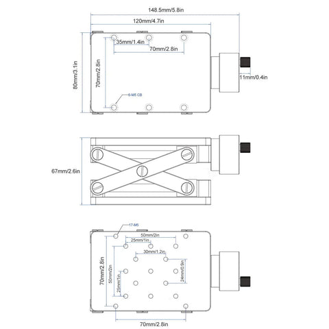 Technical drawing of Aluminum Alloy Manual Lifting Lab Stand With Scissor Type Lift For Rock Solid Stability CNC Machined And Hard Anodized.