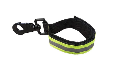Heavy Duty Firefighter Glove Strap With Reflective Lime Trim Extra Long 7.5 Inch Sides Industrial Nylon Webbing Black Snap Hook