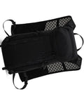 Top view of a black Hands Free Hydration Backpack with 2L Water Bladder, featuring nylon material and mesh details.