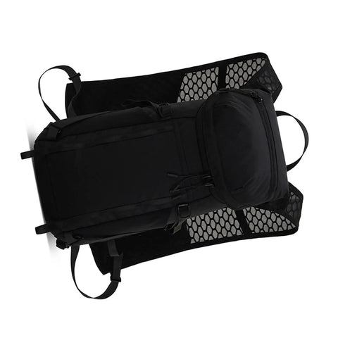 Top view of a black Hands Free Hydration Backpack with 2L Water Bladder, featuring nylon material and mesh details.