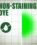 Front view of green water tracing and leak-detection dye, 1 gallon; left shows dye icon, right neon-green color.