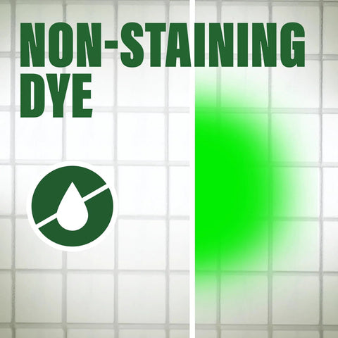 Front view of green water tracing and leak-detection dye, 1 gallon; left shows dye icon, right neon-green color.