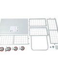 Beefy 2200 Lbs 4 In 1 Platform Truck Cart Convertible Flatbed And Caged Trolley For Warehouse And Job Site Use Heavy Duty Steel Construction High Capacity Moving Cart parts laid out with wheels, panels, and hardware