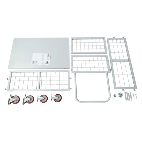 Beefy 2200 Lbs 4 In 1 Platform Truck Cart Convertible Flatbed And Caged Trolley For Warehouse And Job Site Use Heavy Duty Steel Construction High Capacity Moving Cart parts laid out with wheels, panels, and hardware