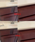 Before and after image of wood drawer repair using No Sweat Wood Repair Kit Featuring Sleek Touch Up Markers Plus Quality Wax Sticks.