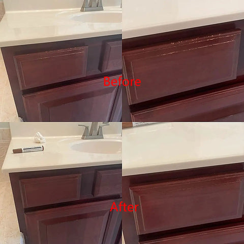 Before and after image of wood drawer repair using No Sweat Wood Repair Kit Featuring Sleek Touch Up Markers Plus Quality Wax Sticks.