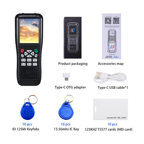 ID Card Duplicator And Copier Dope Kit With Decode Function For Smart Cards And NFC, Handles 125kHz To 500kHz ID Frequencies, components displayed.