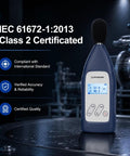 Type 2 Sound Level Meter With Calibration Certificate For IEC 61672 2013 Class 2 Professional Noise Meter DC Powered With LCD Display Wide 29 dB To 138 dB Range 20 Hz To 12 kHz High Accuracy Condenser Microphone, blue handheld unit on industrial surface