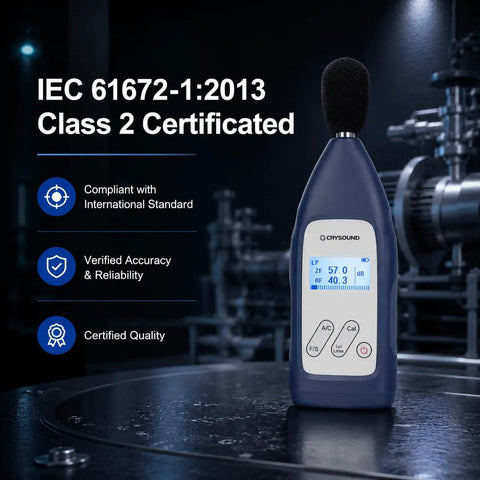 Type 2 Sound Level Meter With Calibration Certificate For IEC 61672 2013 Class 2 Professional Noise Meter DC Powered With LCD Display Wide 29 dB To 138 dB Range 20 Hz To 12 kHz High Accuracy Condenser Microphone, blue handheld unit on industrial surface