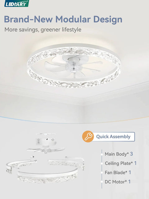 Top Tier 20 Inch Modern Ceiling Fan With Integrated LED Lights And Smart Remote App Control showing modular design for easy assembly.