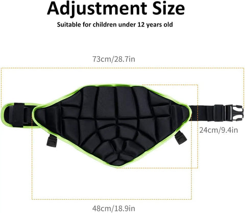 Kids Protective Butt Pad For Extreme Sports Hip Pad For Skating Roller Hockey And Snowboarding Adjustable Youth Shorts With Thick 25 Mm Foam Lycra Edge Bindings And Easy Buckle Closure showing dimensions suitable for under 12.