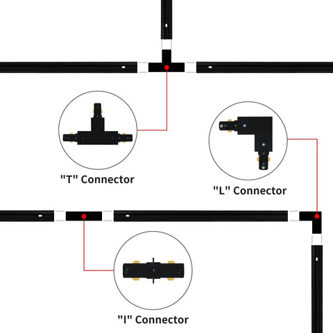 Diagram of "T", "L", and "I" connectors for the 52 Feet H Type Track Lighting Rail Kit With Floating Canopy Connector I L T Connectors End Caps.