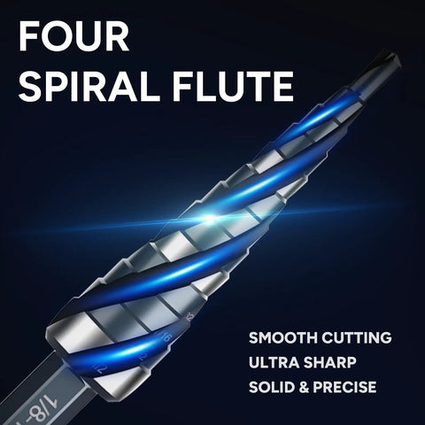 Close-up of Four Spiral Flute Step Drill Bit Set, Three Piece, Thirty Four Sizes From One Eighth To Seven Eighths Inch, Tough High Speed Steel.