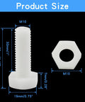 Twenty Pair M10 By 30mm Nylon Hex Bolts And Nuts Set For DIY, showing dimensions and white plastic material in close-up view