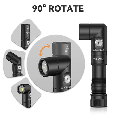 T21X 1400 Lumen LED Flashlight with 90 Degree Rotating Head, shown at various angles, highlighting its design and features.