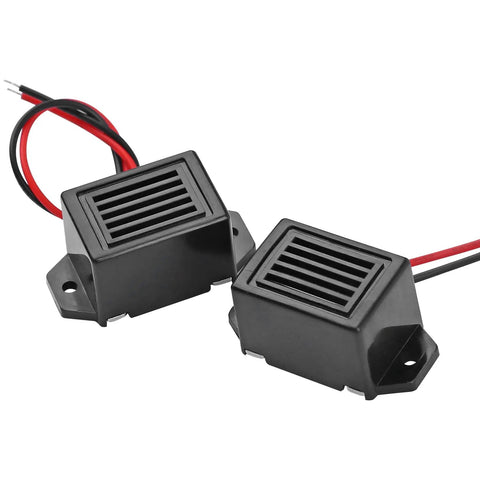 Mini Buzzers With Leads 12V 400 Hz Morse Code Beepers Pack Of 10 Mechanical Electronic Components For DIY Projects ABS Case 75 DB Sound 34 x 17 x 15mm, black wired buzzers shown