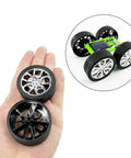 10 Piece Toy Car Wheel Set With Rubber Tires And 5 Round Shafts Axles for DIY RC cars, wheels in hand, sample RC car displayed