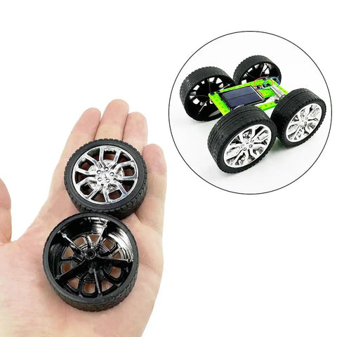 10 Piece Toy Car Wheel Set With Rubber Tires And 5 Round Shafts Axles for DIY RC cars, wheels in hand, sample RC car displayed