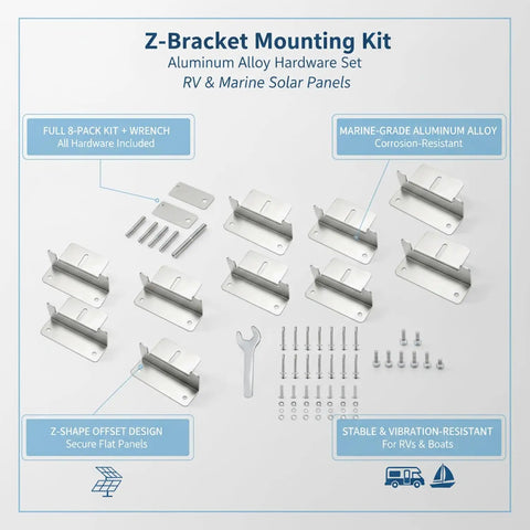 Offset Z Shaped Mounting Kit In Aluminum Alloy For RV And Marine Solar Panels, 8 brackets, wrench, and screws displayed