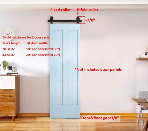 Bi Folding Barn Door Hardware Kit For Two Doors With Black Top Mount Rollers Interior Use Rails Fit Per Panel 18 Inches