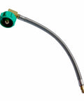 RV Propane Hose Extension 18 Inch Stainless Steel Braided Pigtail Hose With One Quarter Inch Inverted Flare And 90 Degree Angle Connector For Propane Regulator Single Pack image showcasing the full length, green connector, and stainless braid.