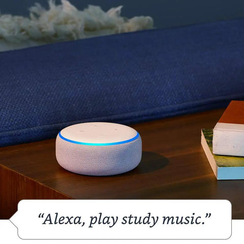 Hella Compact Smart Speaker With Alexa Built In Drops Kickass Soundwaves Smooth For Cozy Rooms Stereo Pairing Ready Charcoal Shell on wooden table.
