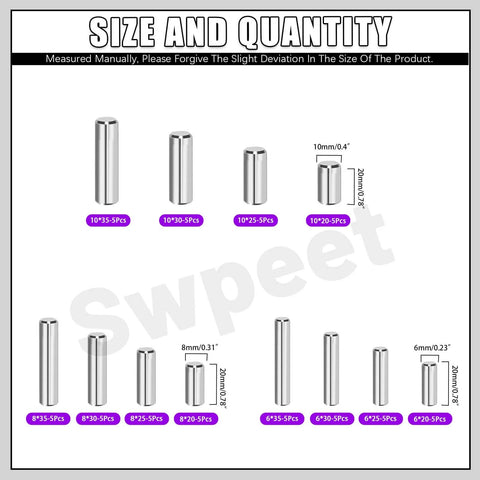 Size and quantity guide for 60 Piece M6 M8 M10 Dowel Pin Set In 304 Stainless Steel Dowel Pin Kit With Storage Box.