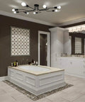Black Sputnik Ceiling Light Fixture With Eight Adjustable Arms installed in a modern farmhouse bathroom with bathtub and vanity.