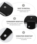 Infographic showing features of Six Inch T Shape Beefy Rustproof Iron Light Duty Shed Hinge Set; easy install, corrosion and oxidation resistant.