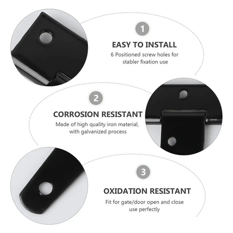 Infographic showing features of Six Inch T Shape Beefy Rustproof Iron Light Duty Shed Hinge Set; easy install, corrosion and oxidation resistant.