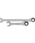 Two wrenches from the 34 Piece Standard And Stubby Ratcheting Wrench Set With SAE And Metric Sizes, 72 Tooth Box End Delivers Quick Moves For Fasteners.