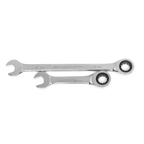 Two wrenches from the 34 Piece Standard And Stubby Ratcheting Wrench Set With SAE And Metric Sizes, 72 Tooth Box End Delivers Quick Moves For Fasteners.