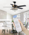52 Inch Crystal Chandelier Ceiling Fan With Dope Matte Black Finish And Silky Smooth Reversible Blades Featuring A Chill Whisper Quiet Motor Plus Wireless Remote For Bedroom Or Living Room Vibes with remote controls.