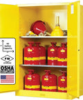 Heavy Duty 90 Gallon Self Closing Flammable Storage Cabinet Built Like A Tank With 18 Gauge Steel And Insulated Panels For Paint Thinner And Hazardous Solvent Keep The Shop Safe And The Crew Protected Always with safety equipment.