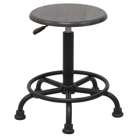 Retro Stool In Rustic Oak Finish With Pneumatic Height Adjustment From 19 To 26 Inches, Extra Wide 19 Inch Base, Antique Steel Frame