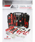129 Piece Tool Set With Portable Storage Box In Black containing red and silver essential hand tools for home, auto, and repairs
