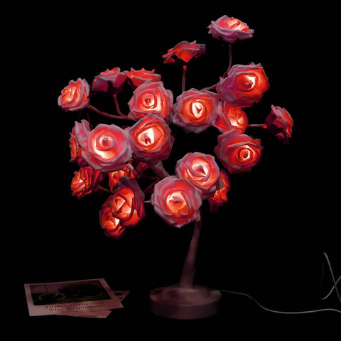 Pink Rose Tree Lamp With Bonsai Style Design And Cozy Soft LED Glow for Bedroom showcasing illuminated pink floral arrangement.