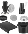 Kickstart Your Daily Grind With This Dope 6 Piece Espresso Accessory Kit Featuring A Heavy Duty 58 Mm Tamper Distribution Tool Dosing Funnel Puck Screen Knock Box And Grip Mat For Next Level Shot Prep Every Single Time - Espresso tools include tamper, puck screen, knock box, and mat.