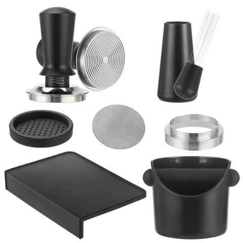 Next Level Espresso Workflow Kit Includes 58 Mm Chrome Tamp Distribution Tool Dosing Funnel Knock Box Tamping Mat And Puck Screens For Slick Morning Brews Daily, showing all six pieces including a black tamper and funnel.
