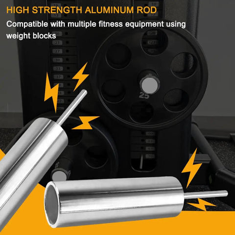 8mm Gym Cable Machine Weight Stack Extender Pin With Solid Steel Shaft And Extended Weight Horn For Quick Loading Of 2 Inch Olympic Plates Onto Existing Selector Stacks Built Tough Durable Easy Fit, shown on cable machine