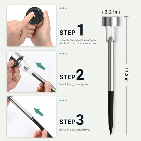 Assembly instructions for Outdoor Solar Lights Waterproof 12 Pack Stainless Steel Led Garden Lights showing three-step installation process.