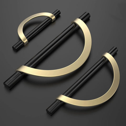 Six Pack Matte Black And Gold Half Moon Cabinet Pulls Three And Three Quarters Inch Hole Centers 96mm Drawer Handles