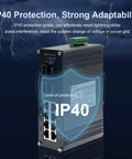 Industrial 8 Port Gigabit Ethernet Switch With DIN Rail Or Wall Mount Unmanaged 10 100 1000 Mbps RJ45 Ports Built To Last Tough As Nails Rugged Industrial Grade Wide Temperature Range 2 SFP Fiber Ports with IP40 protection shown